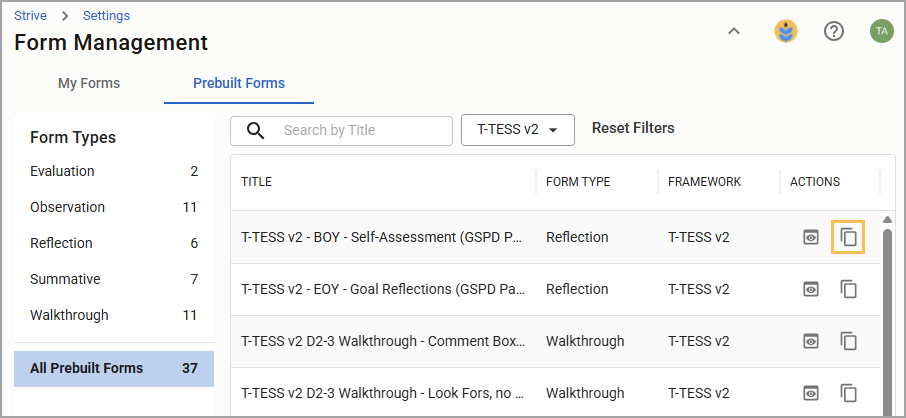 Overview of prebuilt forms in the Form Management section with the Copy icon highlighted.